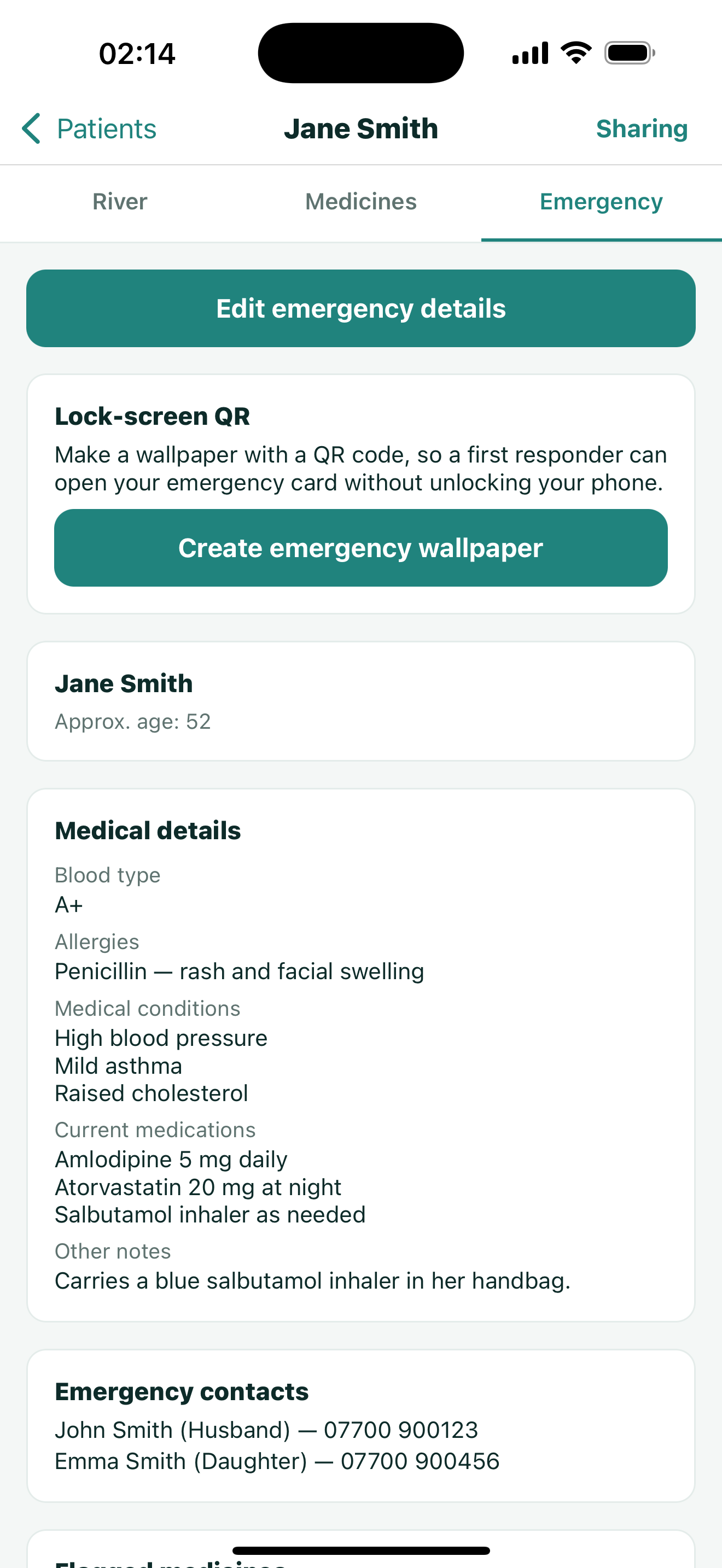 OmniHealth Emergency Card showing medical details and emergency contacts for the sample profile Jane Smith