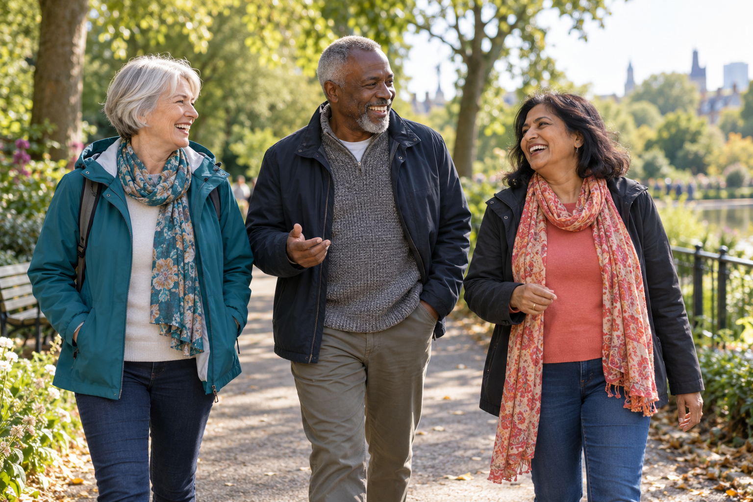 Illustrative image of three friends laughing together on a walk in a green park